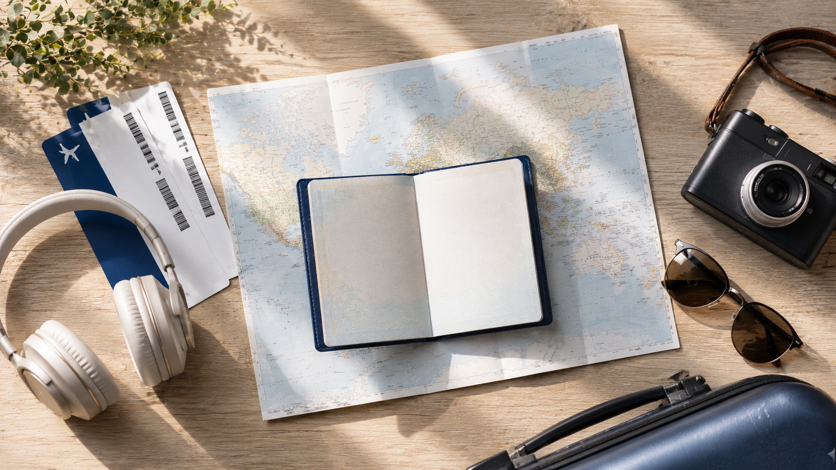 Pasaporte abierto sobre mapa del mundo con boletos de avi&oacute;n y c&aacute;mara vintage