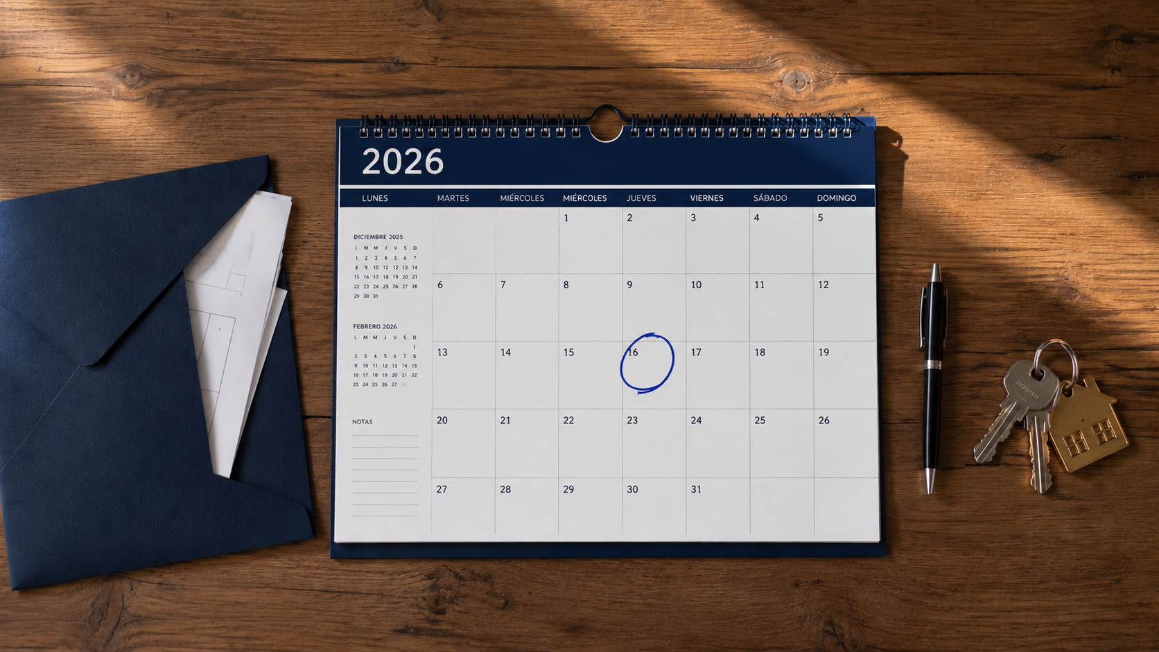 Calendario con fecha marcada junto a sobre con documentos y pluma