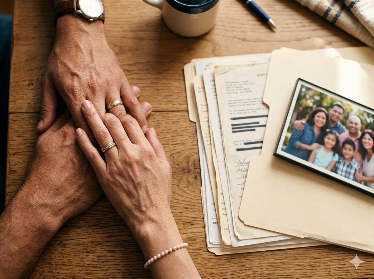 Manos entrelazadas de pareja con alianzas matrimoniales y documentos familiares