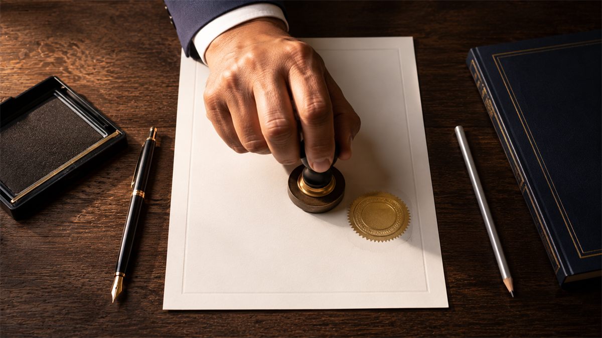 Mano sellando documento con sello dorado en relieve sobre escritorio profesional