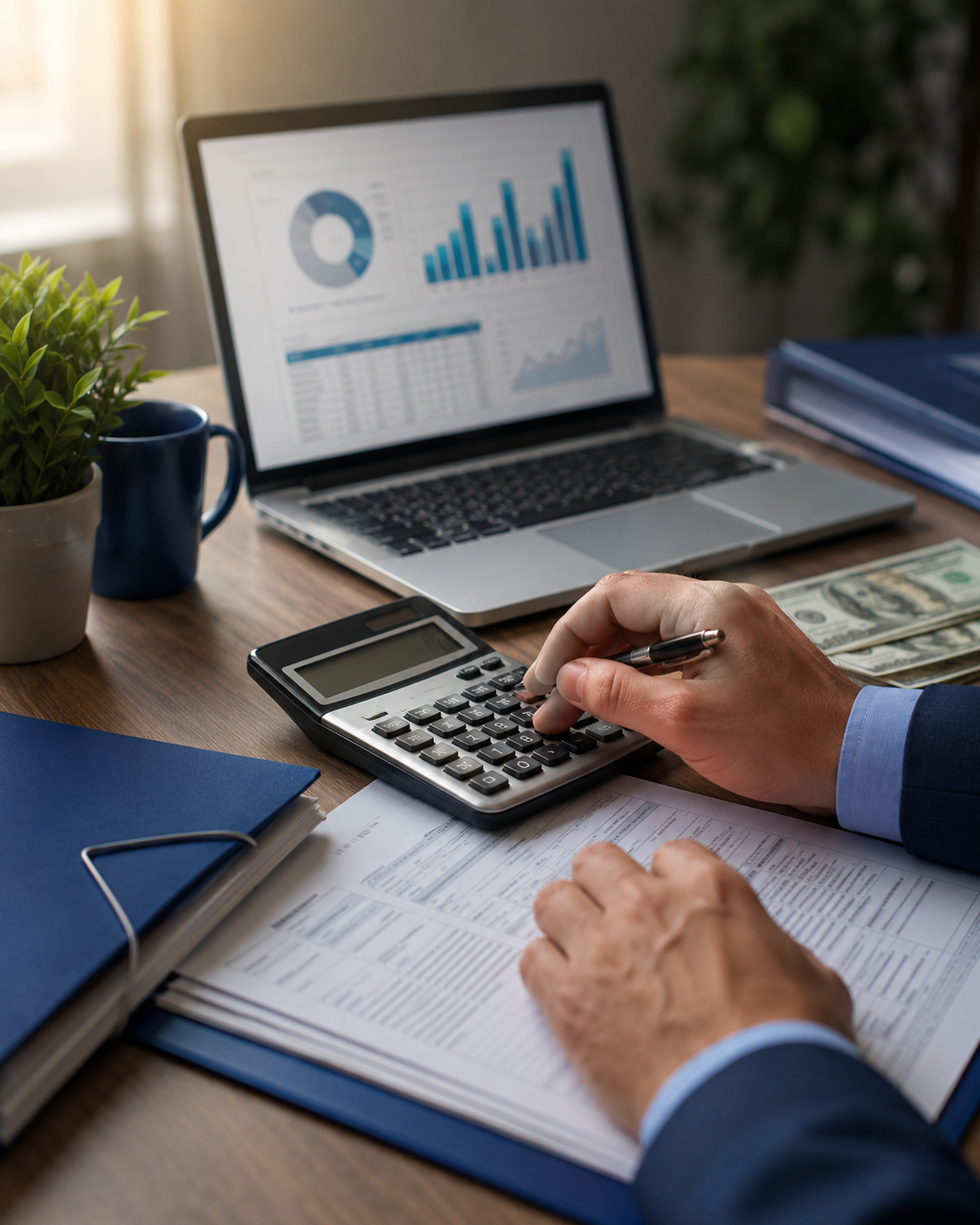 Preparaci&oacute;n profesional de impuestos con calculadora, laptop y formularios fiscales sobre escritorio