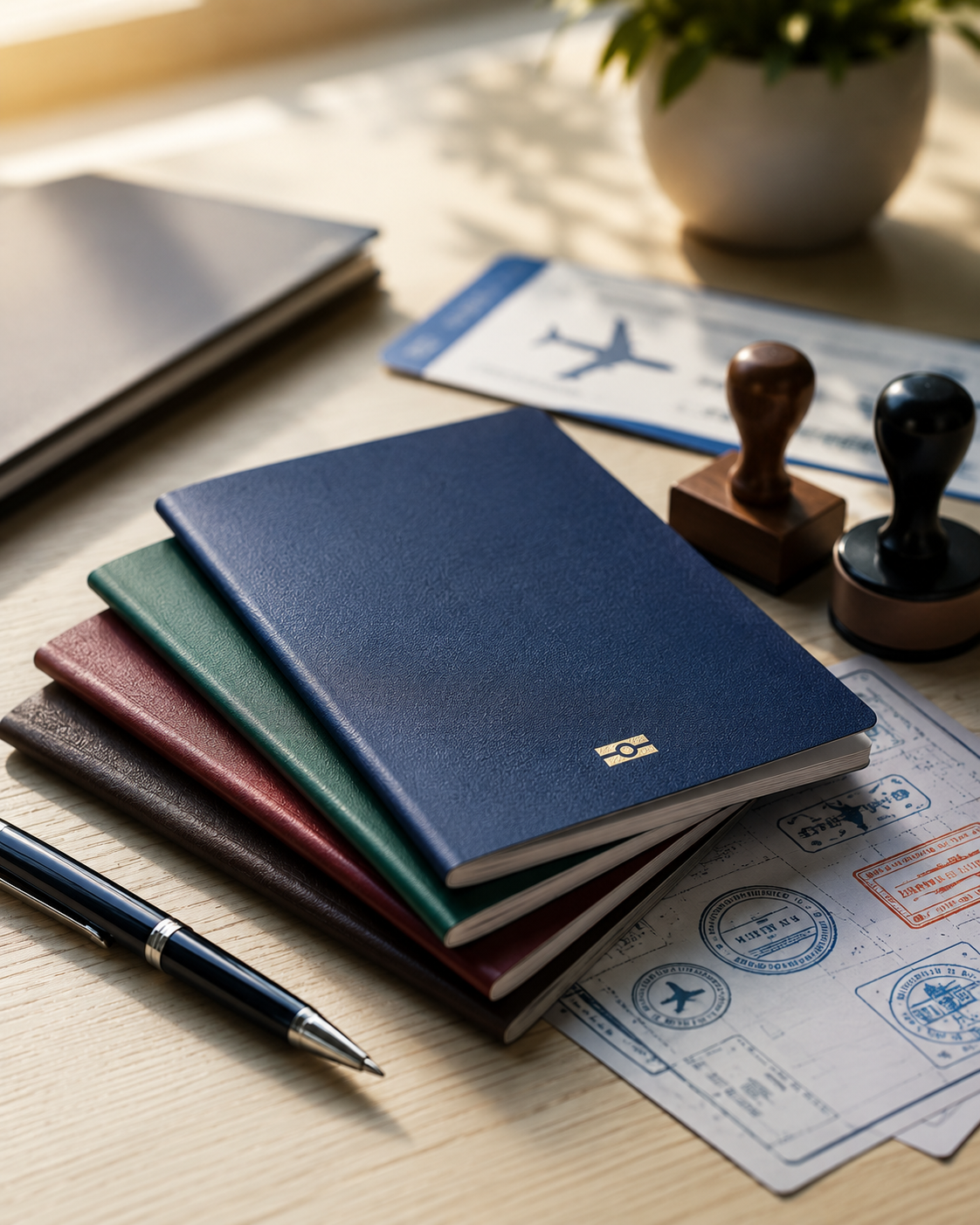 Pasaportes apilados sobre escritorio profesional &mdash; tr&aacute;mites de renovaci&oacute;n y solicitud