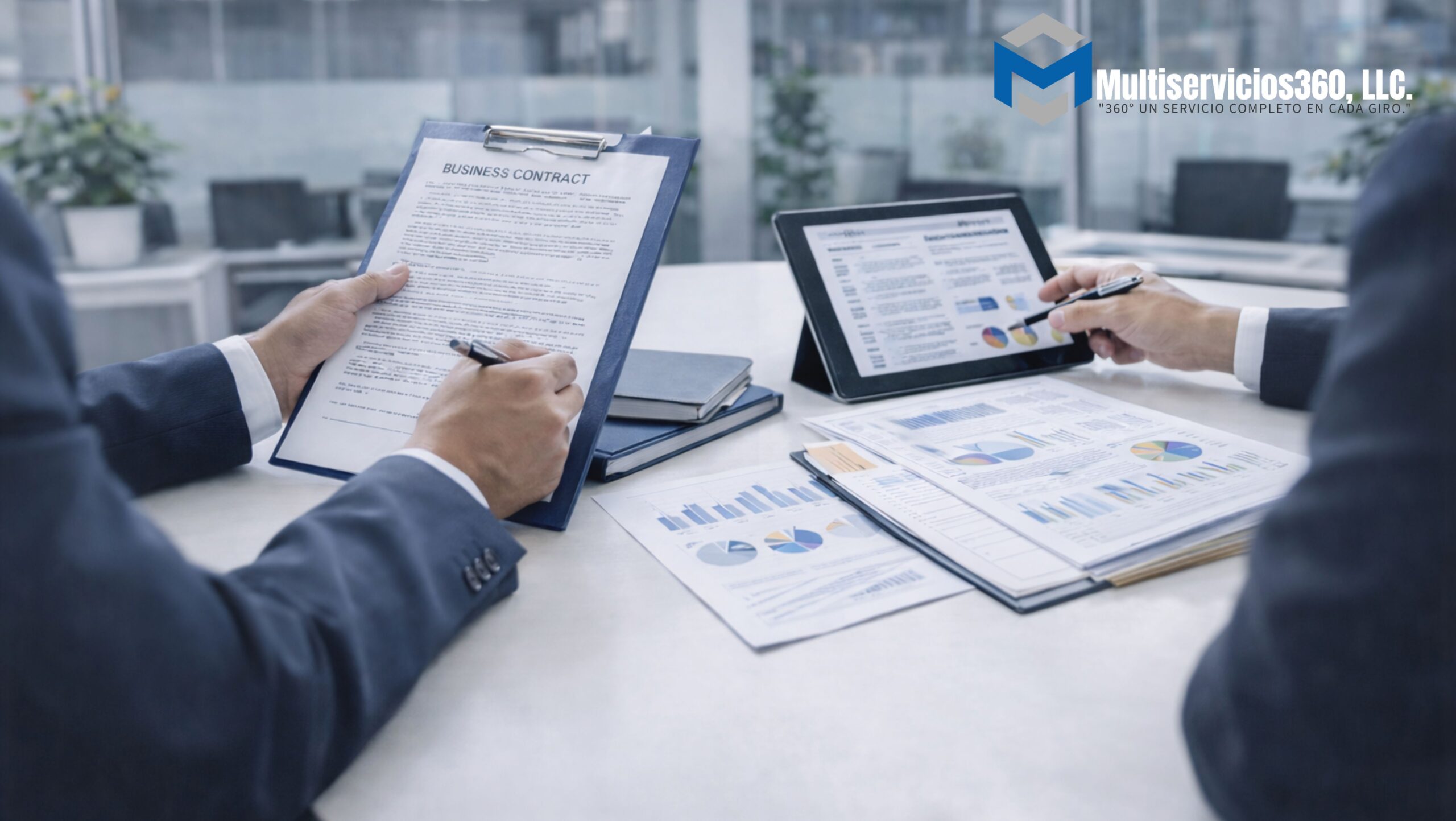 Mesa de trabajo corporativa con revisión de documentación comercial y contratos administrativos en entorno empresarial profesional